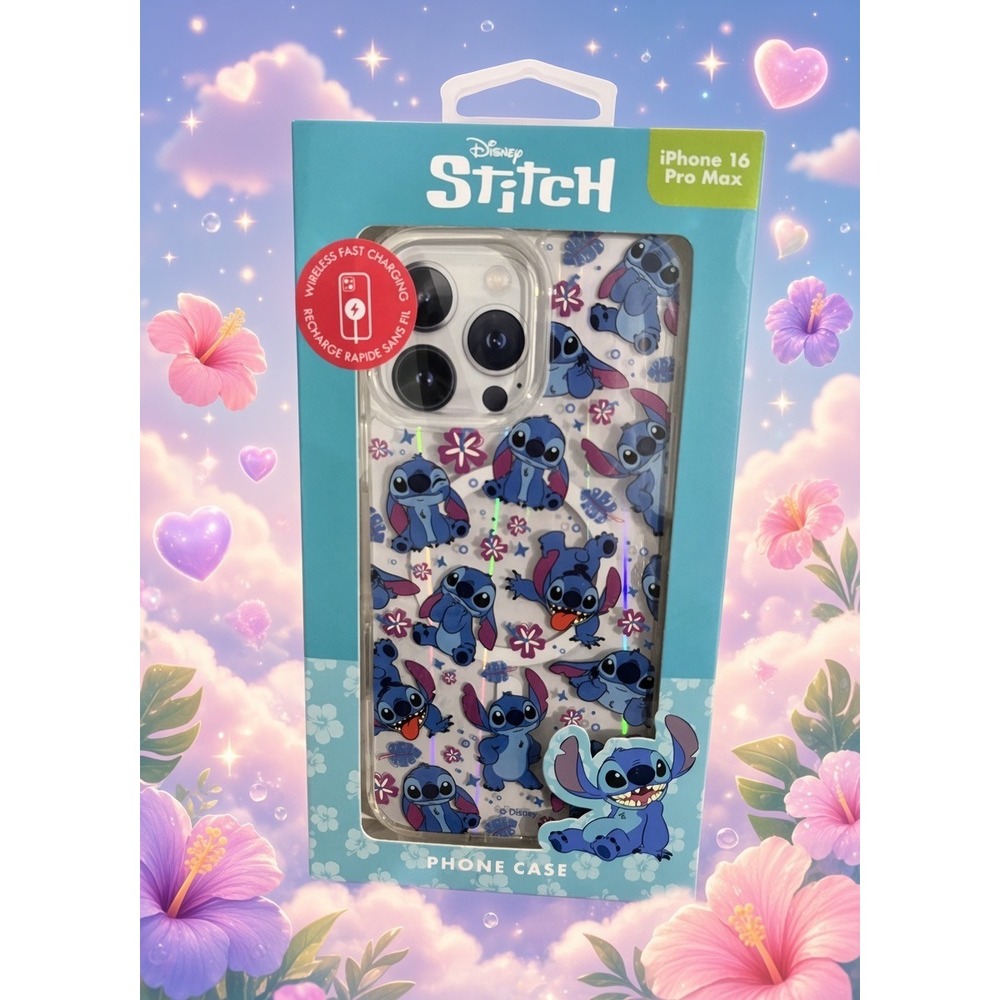 Disney Stitch iPhone 16 Pro Max Case Wireless Charging Compatible Blue Floral